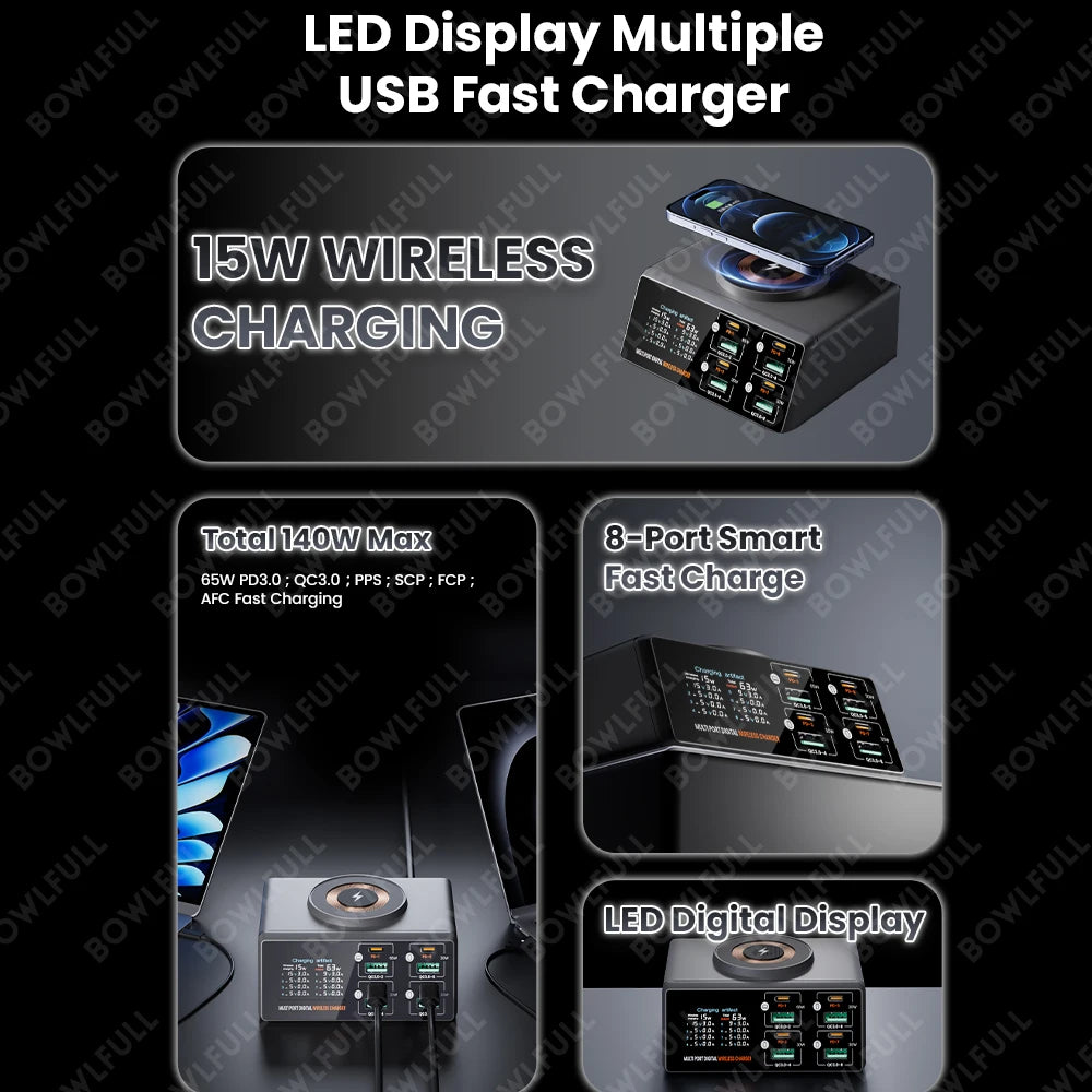 Multiport USB Charger 140W 4 Type C 4 USB PD3.0 QC3.0 Fast Charger LCD Display Magnetic Wireless Charging For Macbook iPhone 16