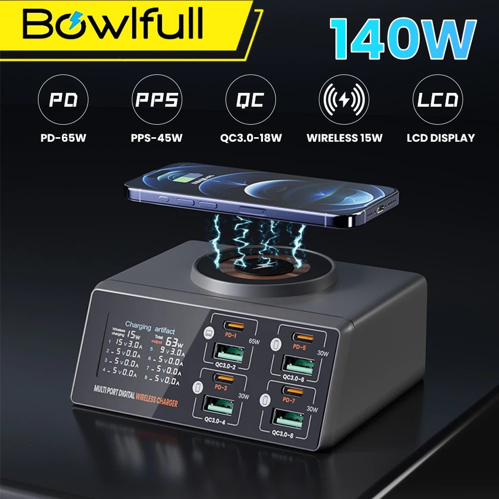 Multiport USB Charger 140W 4 Type C 4 USB PD3.0 QC3.0 Fast Charger LCD Display Magnetic Wireless Charging For Macbook iPhone 16