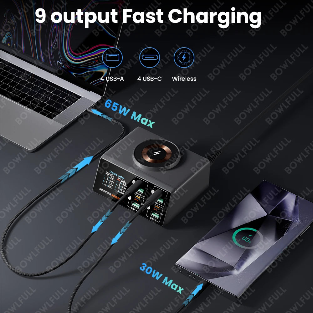Multiport USB Charger 140W 4 Type C 4 USB PD3.0 QC3.0 Fast Charger LCD Display Magnetic Wireless Charging For Macbook iPhone 16