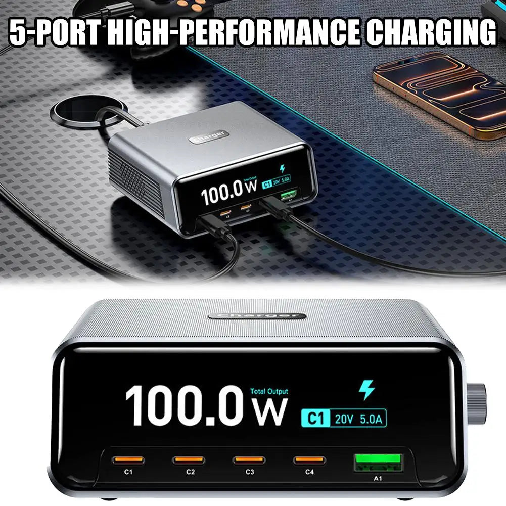 265w GaN Smart Multi-Port Desktop Charger 4 USB-C Ports And 1 USB-A Port Fast Charging For Phones And Tablets