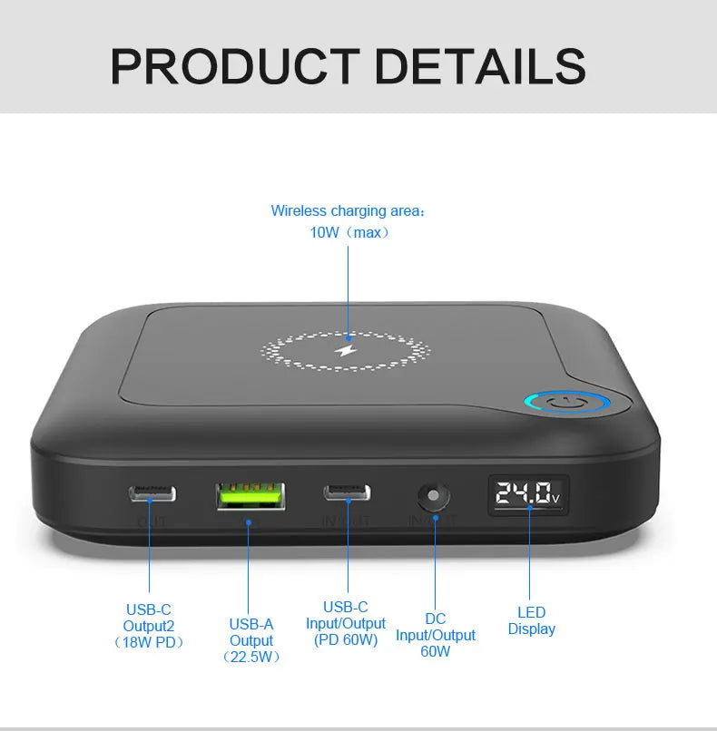 22.5w Power Bank Multipurpose Mobile Charger for Laptop Qi 3.0 Fast Charging 24volt Wireless Powerbanks 20000mah