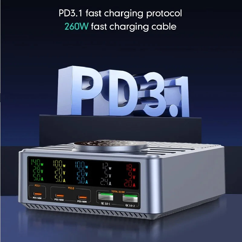 260W Wireless Multi-Port Desktop Charger QC3.0 PD3.1 Charging Mobile Phone Charger for Notebook Xiaomi Huawei Laptop