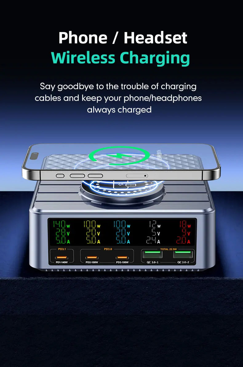 260W Wireless Multi-Port Desktop Charger QC3.0 PD3.1 Charging Mobile Phone Charger for Notebook Xiaomi Huawei Laptop