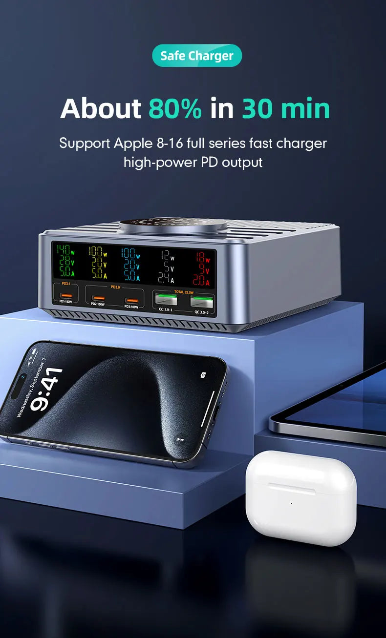 260W Wireless Multi-Port Desktop Charger QC3.0 PD3.1 Charging Mobile Phone Charger for Notebook Xiaomi Huawei Laptop