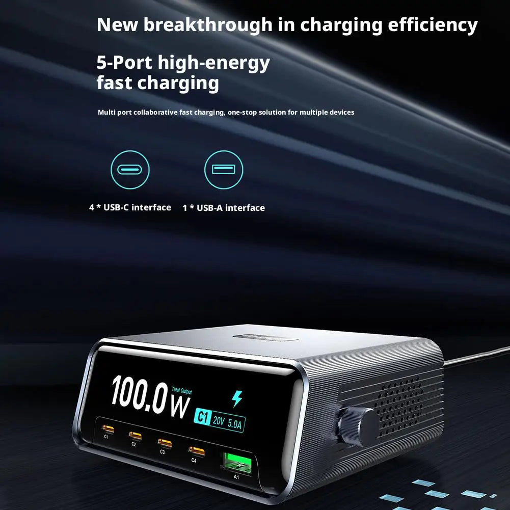 265w GaN Smart Multi-Port Desktop Charger 4 USB-C Ports And 1 USB-A Port Fast Charging For Phones And Tablets